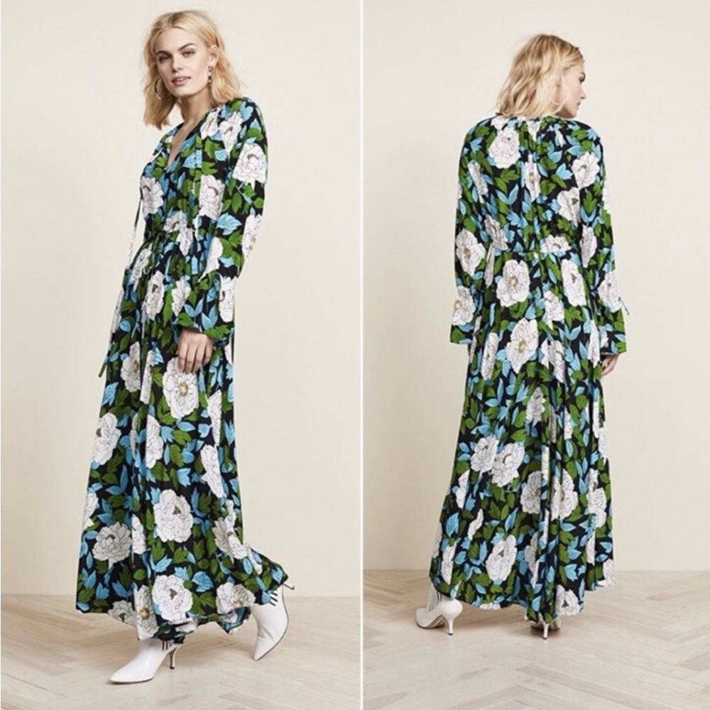 Diane Von Furstenberg Floral Long Sleeve Dress in Blue and Green